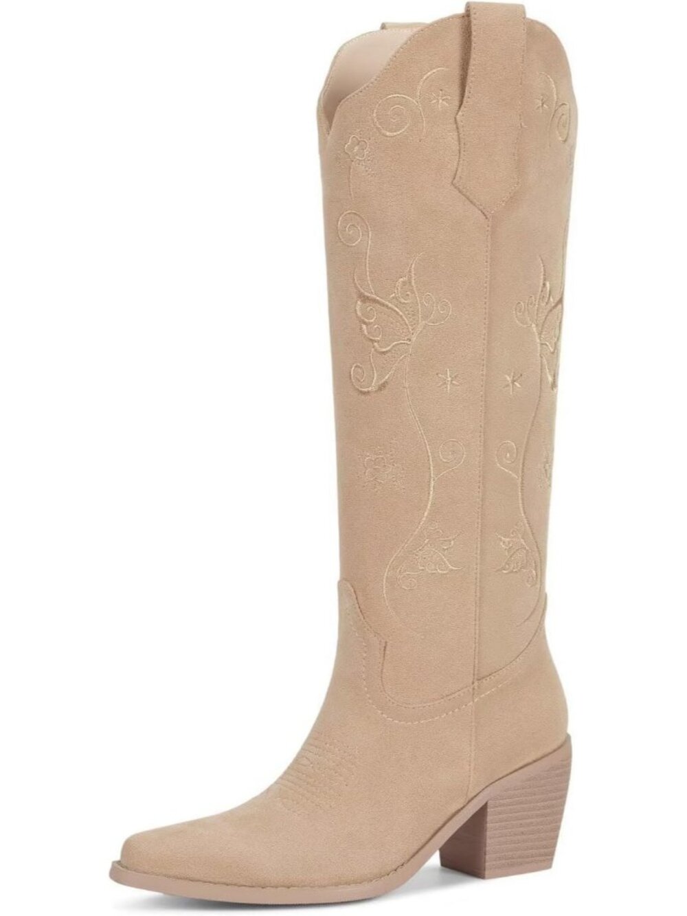 Women's Cream Faux Leather Pull On Embroidered Cowgirl Cowboy Knee High Boots